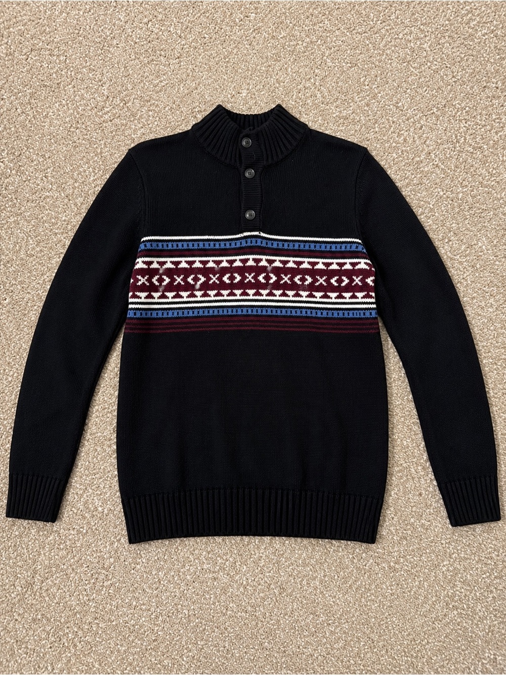 Boys Black Knit Pullover Sweater with Patterned Chest